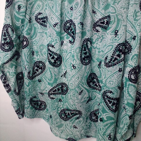 Bon Worth Blouse L Long Sleeve Button Up Simi Sheer Velvet Detail Green Black - Picture 14 of 14